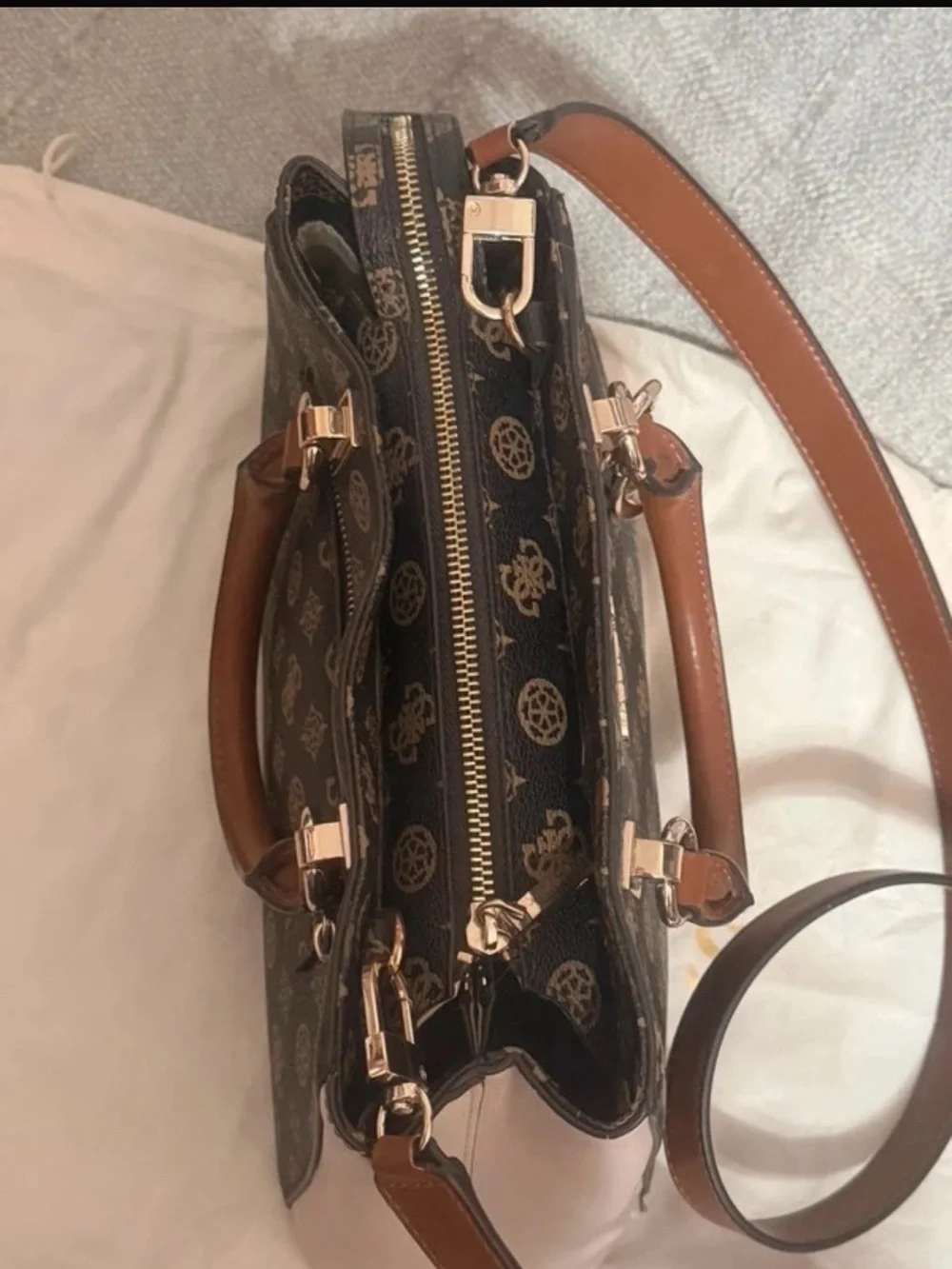 GUESS Brown Logo Monogram Satchel with Cream Panels